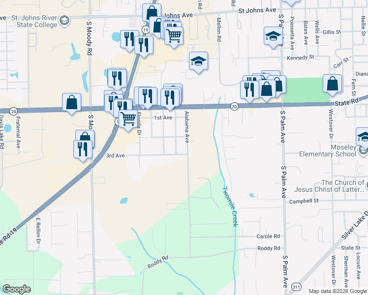 map of restaurants, bars, coffee shops, grocery stores, and more near 311 Alabama Avenue in Palatka