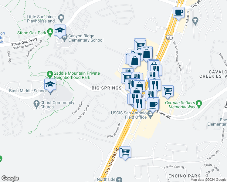 map of restaurants, bars, coffee shops, grocery stores, and more near 21010 Wild Springs Drive in San Antonio