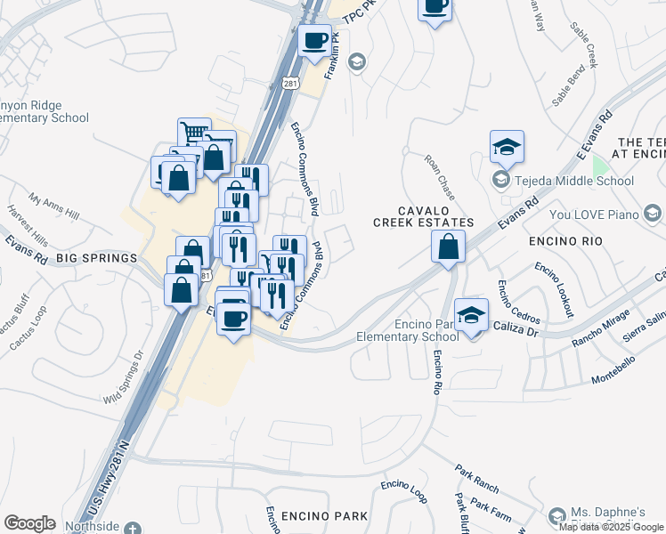 map of restaurants, bars, coffee shops, grocery stores, and more near 2505 Villa Rufina in San Antonio
