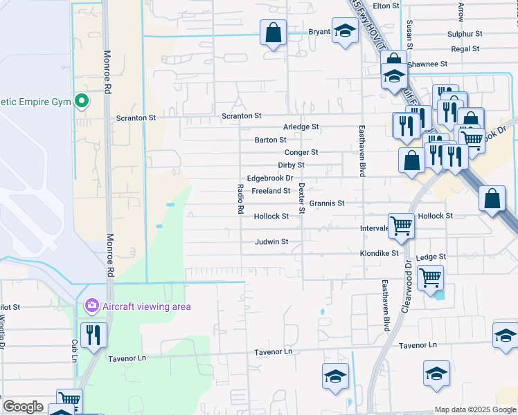 map of restaurants, bars, coffee shops, grocery stores, and more near 9018 Grannis Street in Houston