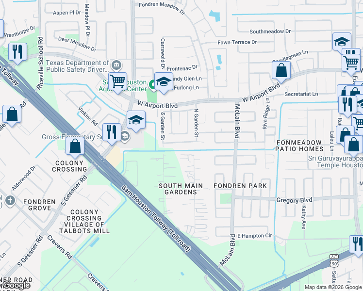map of restaurants, bars, coffee shops, grocery stores, and more near 8143 Misty Ridge Lane in Houston