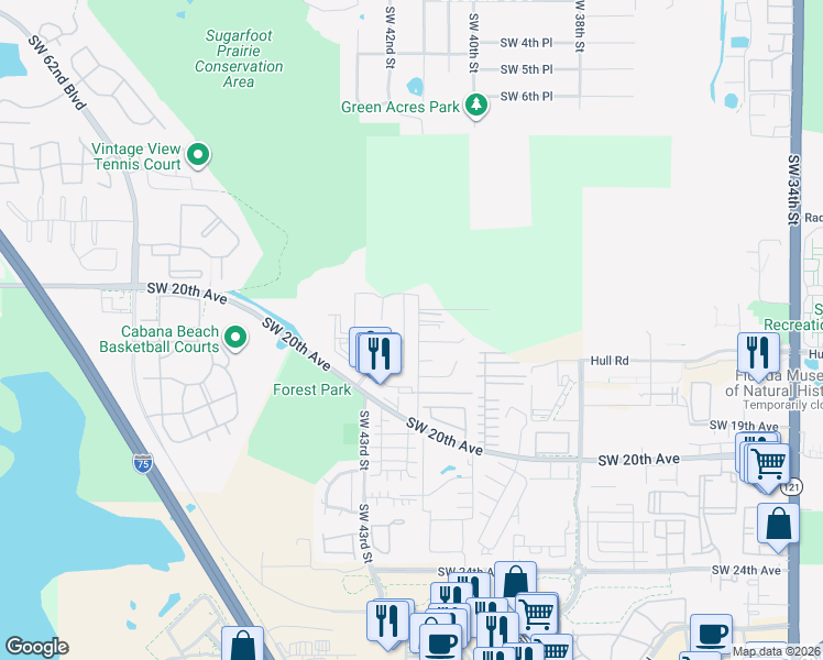map of restaurants, bars, coffee shops, grocery stores, and more near 1504 Southwest 42nd Street in Gainesville