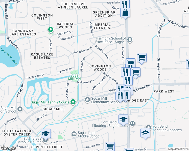 map of restaurants, bars, coffee shops, grocery stores, and more near 13730 Shirebrook Drive in Sugar Land