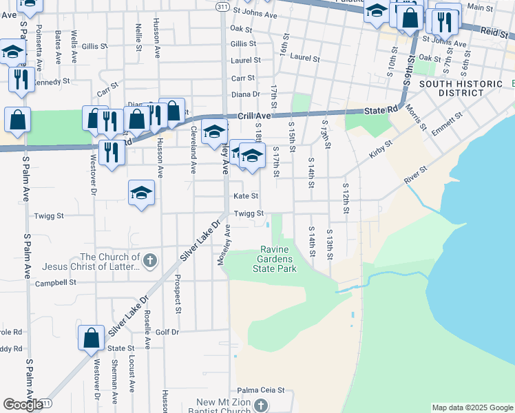 map of restaurants, bars, coffee shops, grocery stores, and more near 1808 Twigg Street in Palatka