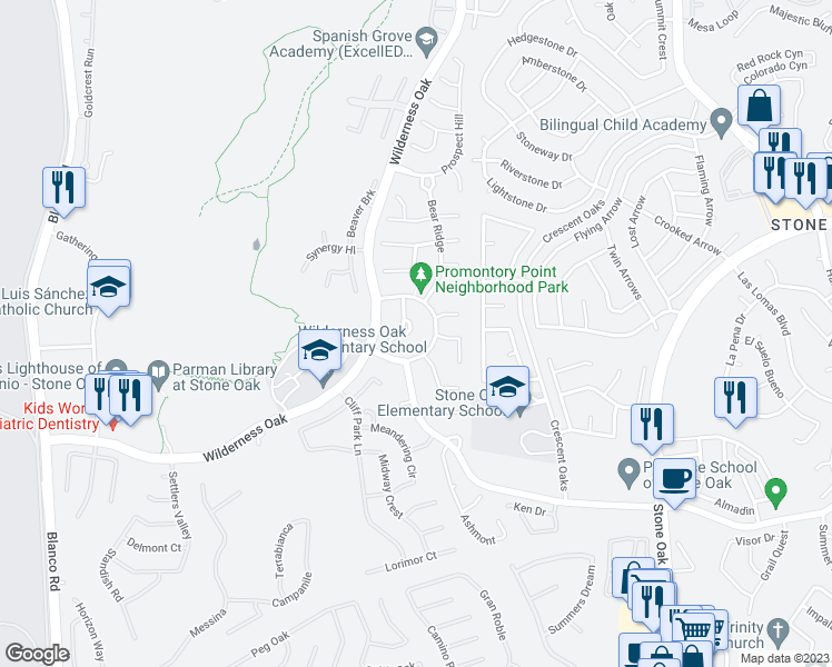 map of restaurants, bars, coffee shops, grocery stores, and more near 21114 Balmoral Pl in San Antonio