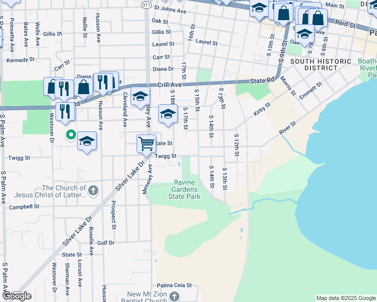 map of restaurants, bars, coffee shops, grocery stores, and more near 19 South 18th Street in Palatka
