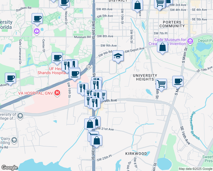 map of restaurants, bars, coffee shops, grocery stores, and more near 1216 Southwest 14th Avenue in Gainesville