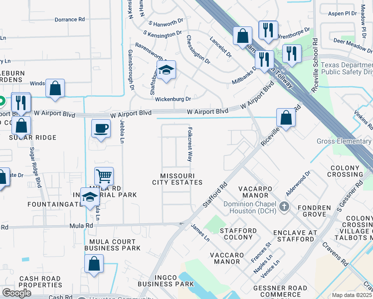 map of restaurants, bars, coffee shops, grocery stores, and more near 12618 Folkcrest Way in Stafford
