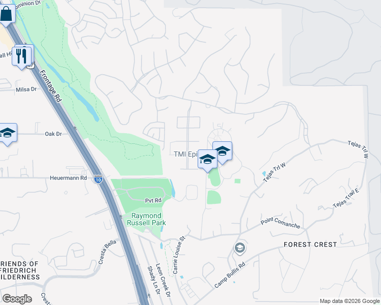 map of restaurants, bars, coffee shops, grocery stores, and more near 6315 Malaga Way in San Antonio
