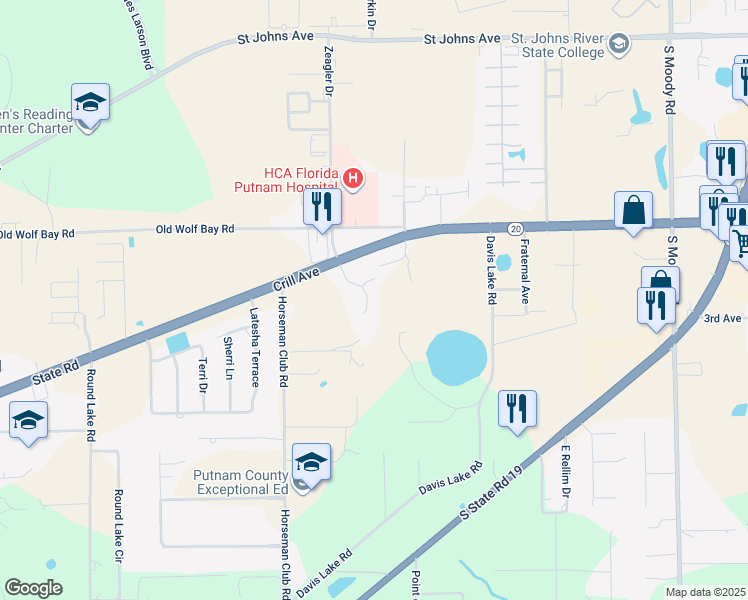 map of restaurants, bars, coffee shops, grocery stores, and more near 114 Pioneer Road in Palatka