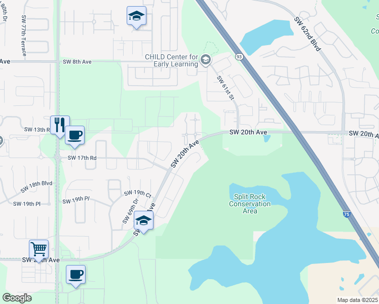 map of restaurants, bars, coffee shops, grocery stores, and more near 1574 Southwest 66th Drive in Gainesville