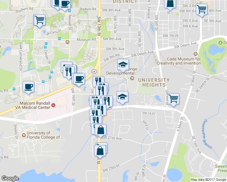 map of restaurants, bars, coffee shops, grocery stores, and more near 1216 Southwest 14th Avenue in Gainesville