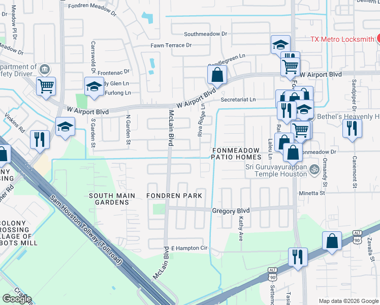 map of restaurants, bars, coffee shops, grocery stores, and more near 15311 East Antone Circle in Houston