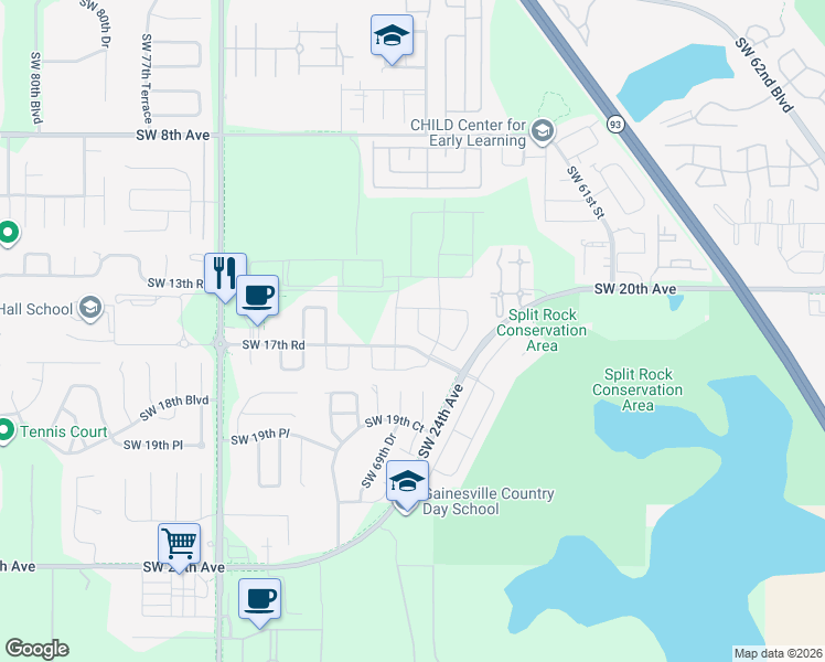 map of restaurants, bars, coffee shops, grocery stores, and more near 1641 Southwest 68th Terrace in Gainesville
