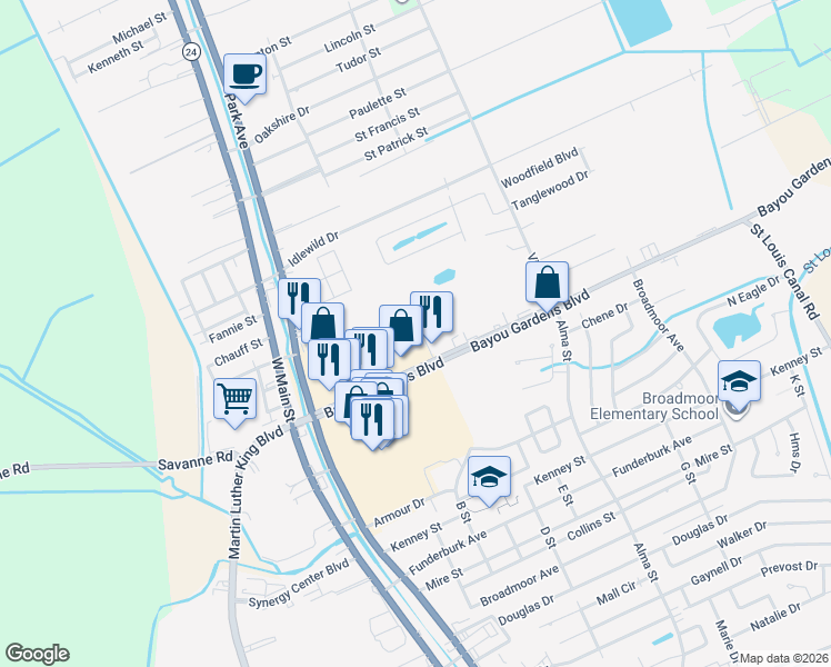 map of restaurants, bars, coffee shops, grocery stores, and more near 272 Rue Max in Houma