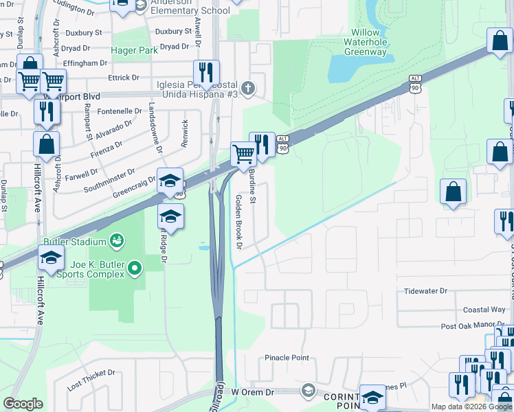 map of restaurants, bars, coffee shops, grocery stores, and more near 12651 Burdine Street in Houston