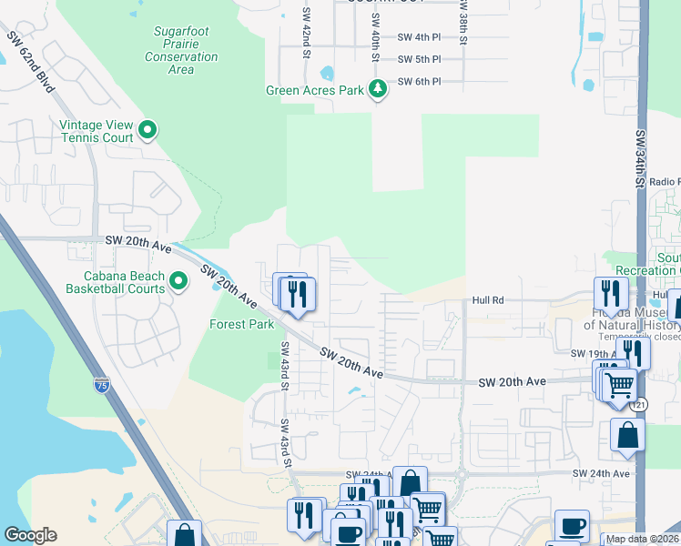 map of restaurants, bars, coffee shops, grocery stores, and more near 4112 Southwest 15 Place in Gainesville