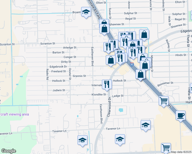 map of restaurants, bars, coffee shops, grocery stores, and more near 9406 Grannis Street in Houston