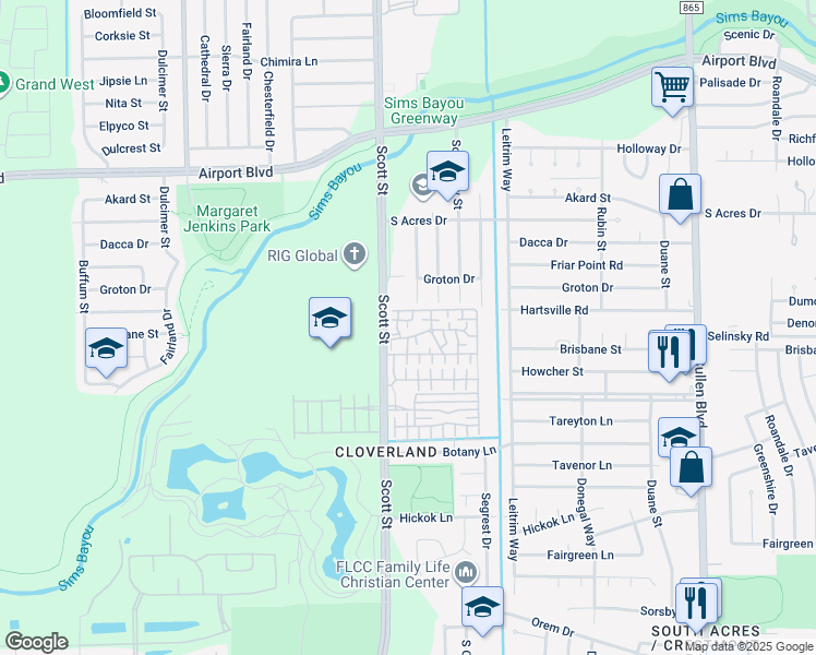 map of restaurants, bars, coffee shops, grocery stores, and more near Unnamed Road in Houston