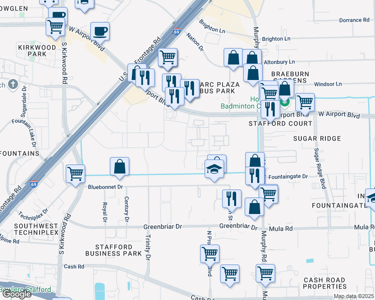 map of restaurants, bars, coffee shops, grocery stores, and more near 11107 West Airport Boulevard in Stafford