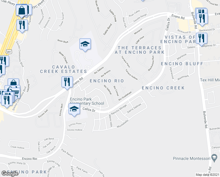 map of restaurants, bars, coffee shops, grocery stores, and more near 21518 Rio Comal in San Antonio