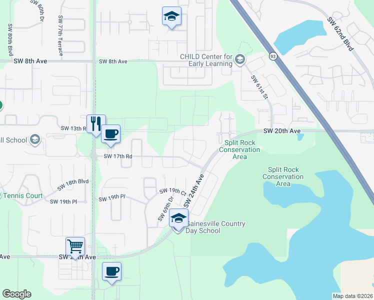 map of restaurants, bars, coffee shops, grocery stores, and more near 1641 Southwest 68th Terrace in Gainesville