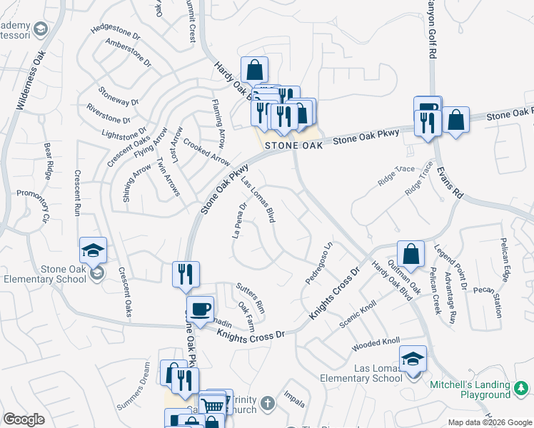 map of restaurants, bars, coffee shops, grocery stores, and more near 21119 Las Lomas Boulevard in San Antonio