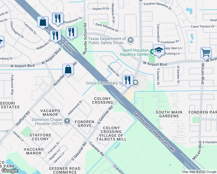 map of restaurants, bars, coffee shops, grocery stores, and more near Sam Houston Parkway in Harris County