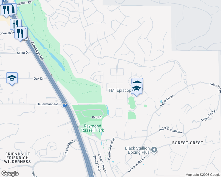 map of restaurants, bars, coffee shops, grocery stores, and more near 6331 Malaga Way in San Antonio