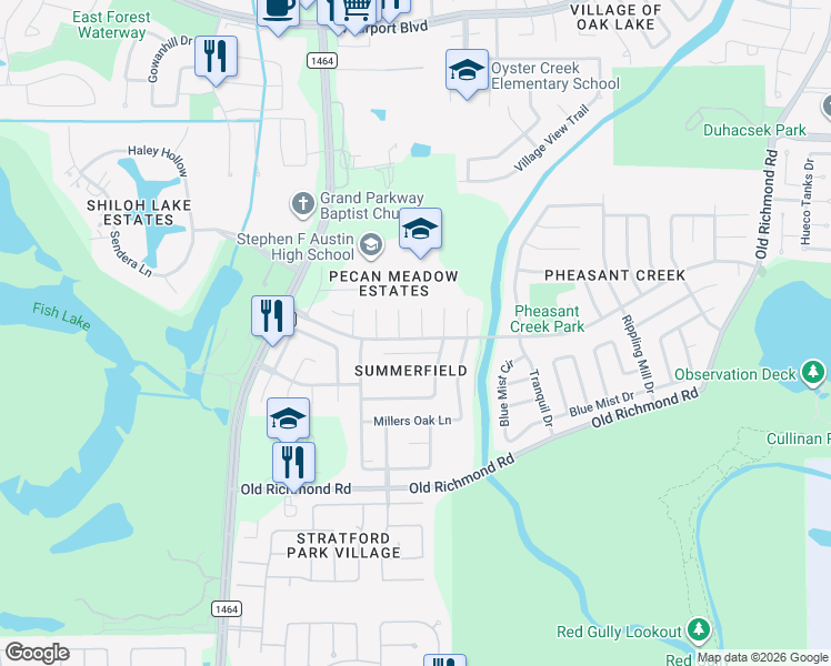 map of restaurants, bars, coffee shops, grocery stores, and more near 16830 Needle Ridge Court in Sugar Land