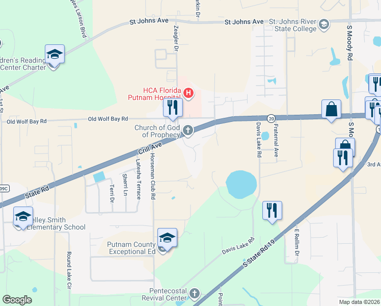 map of restaurants, bars, coffee shops, grocery stores, and more near 107 Pioneer Road in Palatka