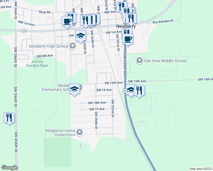 map of restaurants, bars, coffee shops, grocery stores, and more near 25253 Southwest 15th Avenue in Newberry