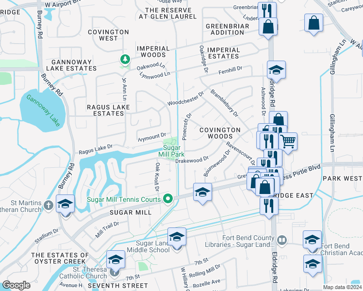 map of restaurants, bars, coffee shops, grocery stores, and more near 1227 Pinecroft Drive in Sugar Land