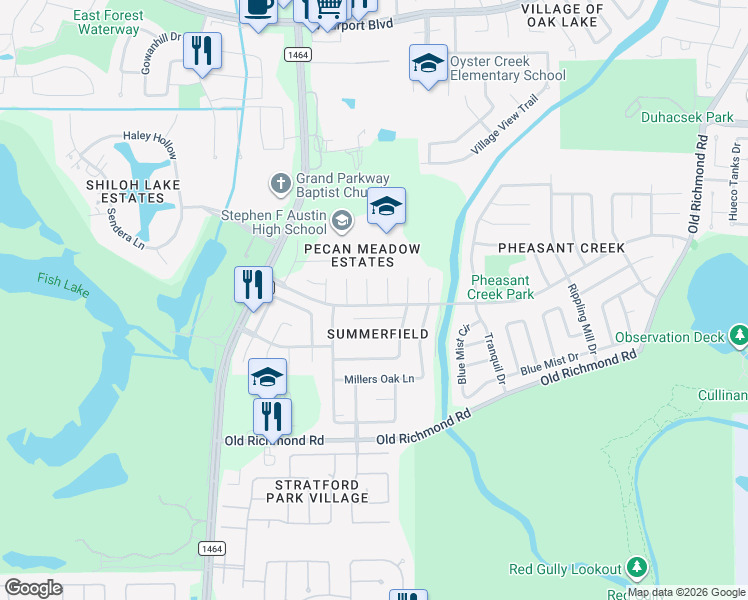 map of restaurants, bars, coffee shops, grocery stores, and more near 16830 Needle Ridge Court in Sugar Land