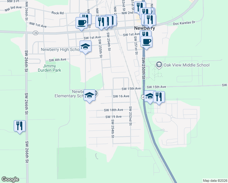 map of restaurants, bars, coffee shops, grocery stores, and more near 25345 Southwest 15th Avenue in Newberry