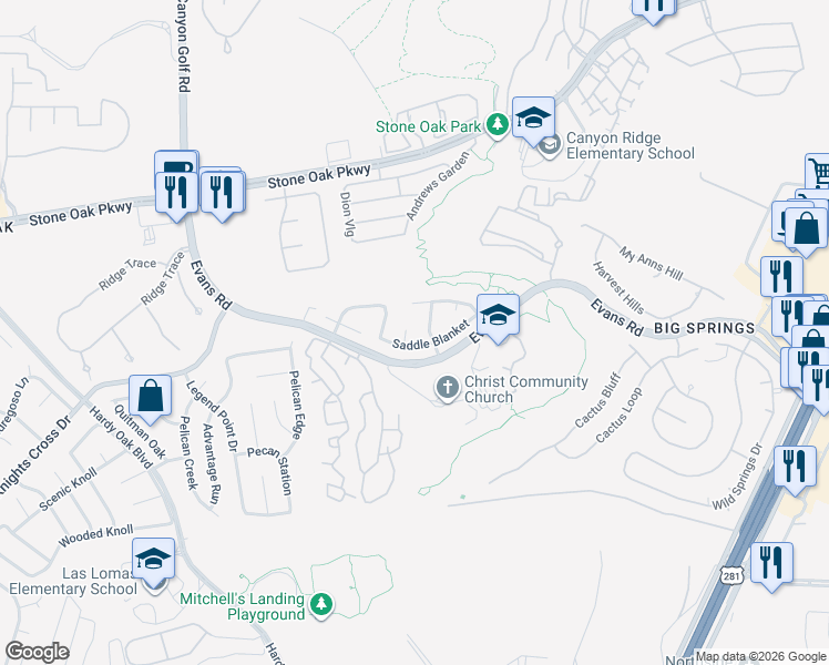map of restaurants, bars, coffee shops, grocery stores, and more near 21210 Leslie Carson in San Antonio