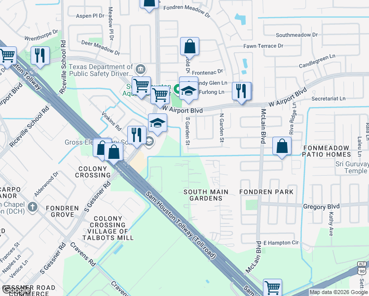map of restaurants, bars, coffee shops, grocery stores, and more near 12526 South Garden Street in Houston