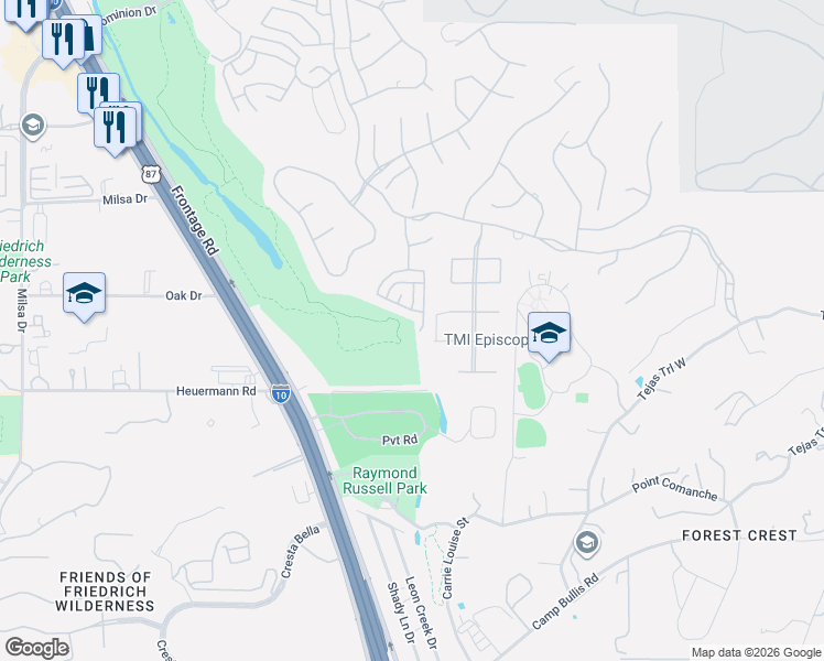 map of restaurants, bars, coffee shops, grocery stores, and more near 3 Marbella Court in San Antonio