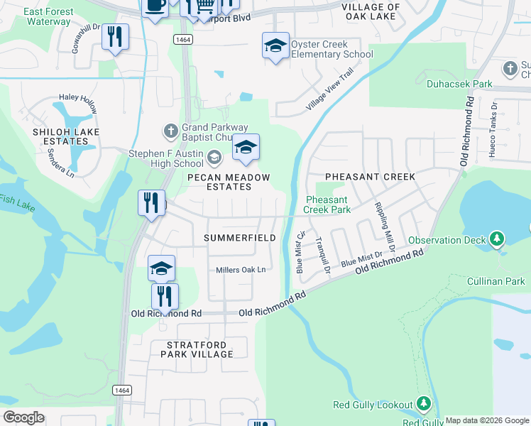 map of restaurants, bars, coffee shops, grocery stores, and more near 16831 Summerfield Ridge Court in Sugar Land
