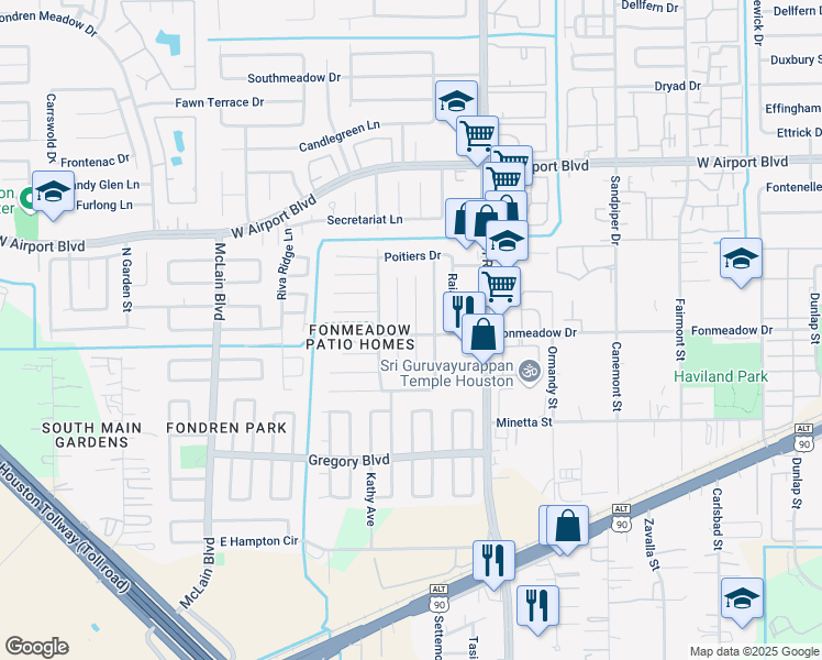 map of restaurants, bars, coffee shops, grocery stores, and more near 12630 Miriam Lane in Houston