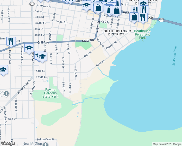 map of restaurants, bars, coffee shops, grocery stores, and more near 1001 South 10th Street in Palatka
