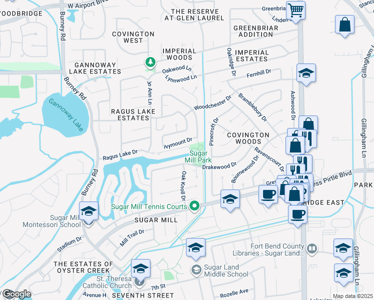 map of restaurants, bars, coffee shops, grocery stores, and more near 13821 Hidden Lake Lane in Sugar Land