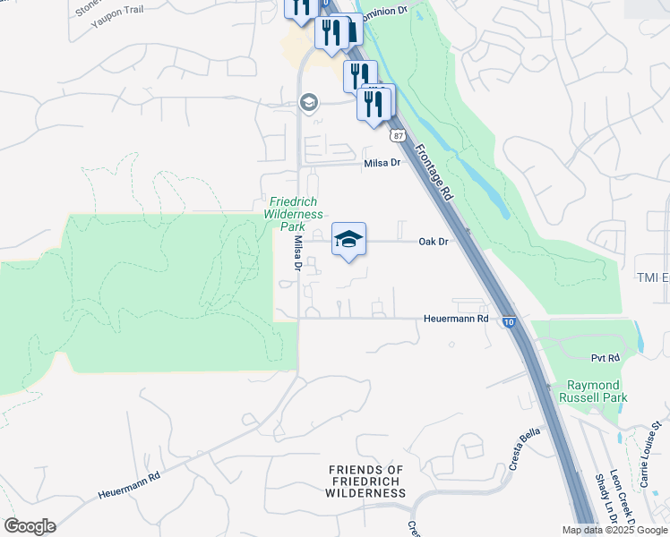 map of restaurants, bars, coffee shops, grocery stores, and more near 7132 Oak Drive in San Antonio