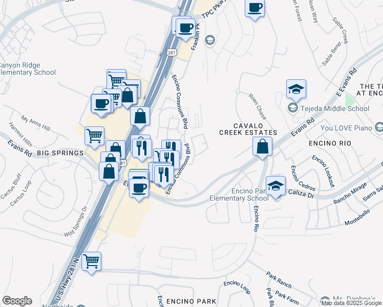 map of restaurants, bars, coffee shops, grocery stores, and more near 2505 Villa Rufina in San Antonio