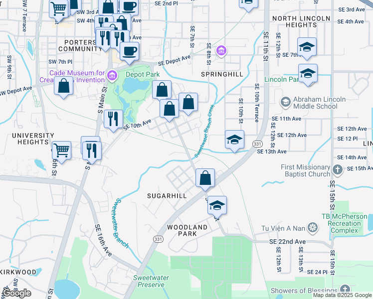 map of restaurants, bars, coffee shops, grocery stores, and more near 321 Southeast 13th Avenue in Gainesville