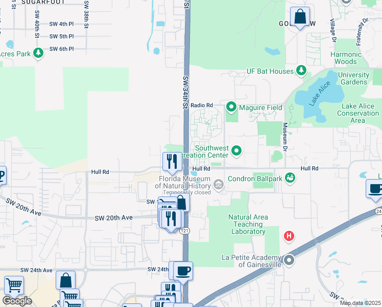 map of restaurants, bars, coffee shops, grocery stores, and more near 1457-1499 Southwest 34th Street in Gainesville