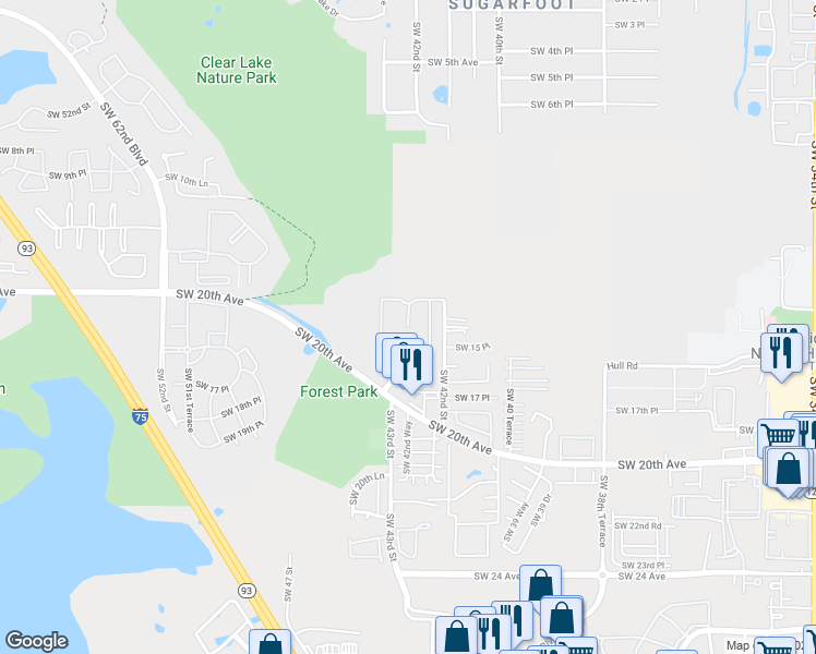 map of restaurants, bars, coffee shops, grocery stores, and more near 3000 Southwest 43rd Street in Gainesville