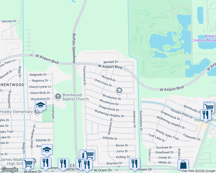 map of restaurants, bars, coffee shops, grocery stores, and more near 3334 Windy Royal Drive in Houston