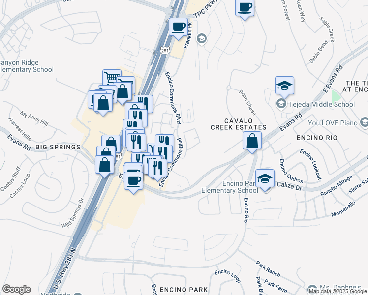 map of restaurants, bars, coffee shops, grocery stores, and more near 2505 Villa Rufina in San Antonio