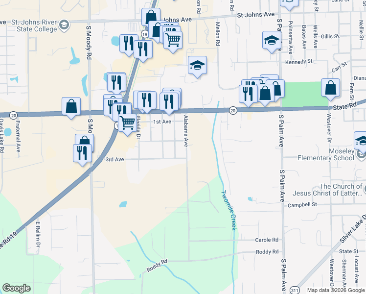 map of restaurants, bars, coffee shops, grocery stores, and more near 311 Alabama Avenue in Palatka